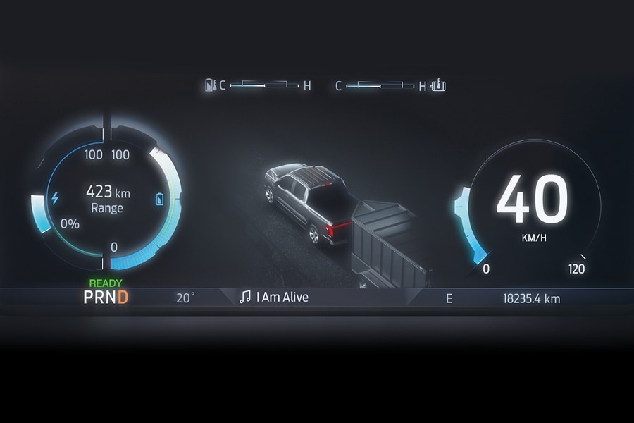 Vue de l'affichage du tableau de bord d'un Ford F 150 Lightning